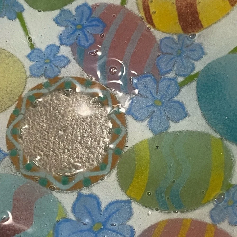 Peggy Karr Easter Egg Fused Art Glass Bowl Colorful Eater Eggs Blue Pink Green